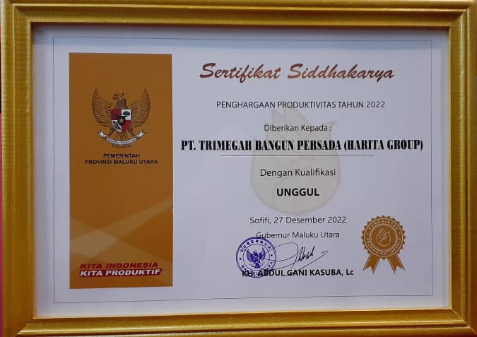 ​PT TBP Raih Penghargaan Produktivitas Siddhakarya dengan Kualifikasi Unggul dari Pemprov Maluku Utara